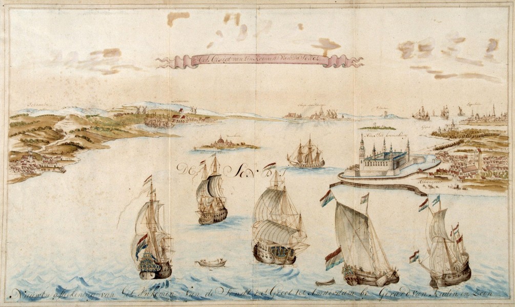 18e eeuws panorama van de Sont (Øresund-Öresund)(Van Keulen)