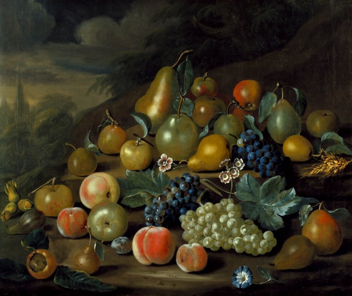 A Still Life of Pears, Peaches and Grapes) by Charles Collins