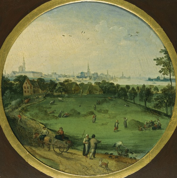 A Summer Landscape with Peasants Harvesting with a View of Antwerp Beyond by Abel Grimmer