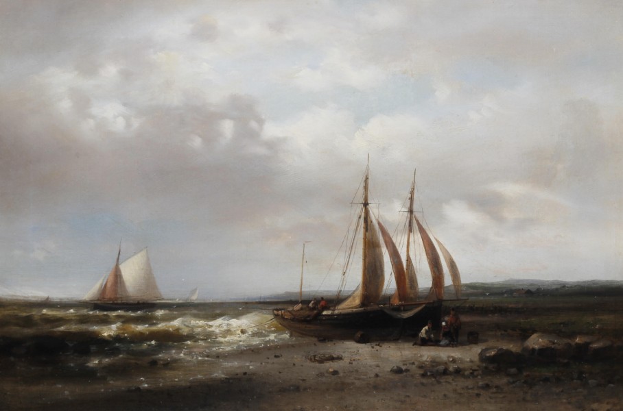 Abraham Hulk, Snr - Coastal scene with fisherfolk tending their boat on the shore