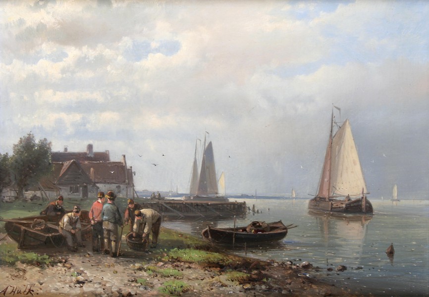 Abraham Hulk, Snr - Coastal scene with fishing boats and fishermen on the shore
