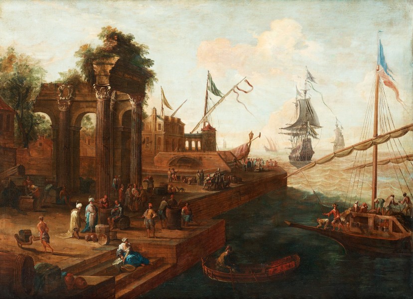 Abraham Storck-Painting of a southern port with figures and ships