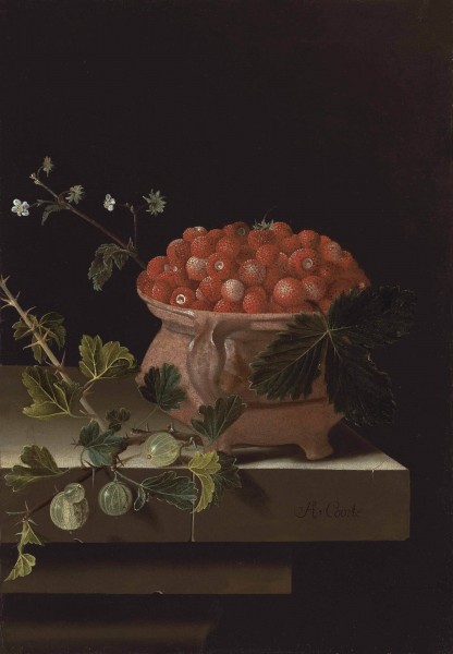 Adriaen Coorte - Een kom aardbeien met kruisbessen op een stenen richel