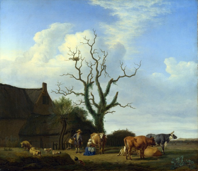 Adriaen van de Velde - Een boerderij met een dode boom (1658)