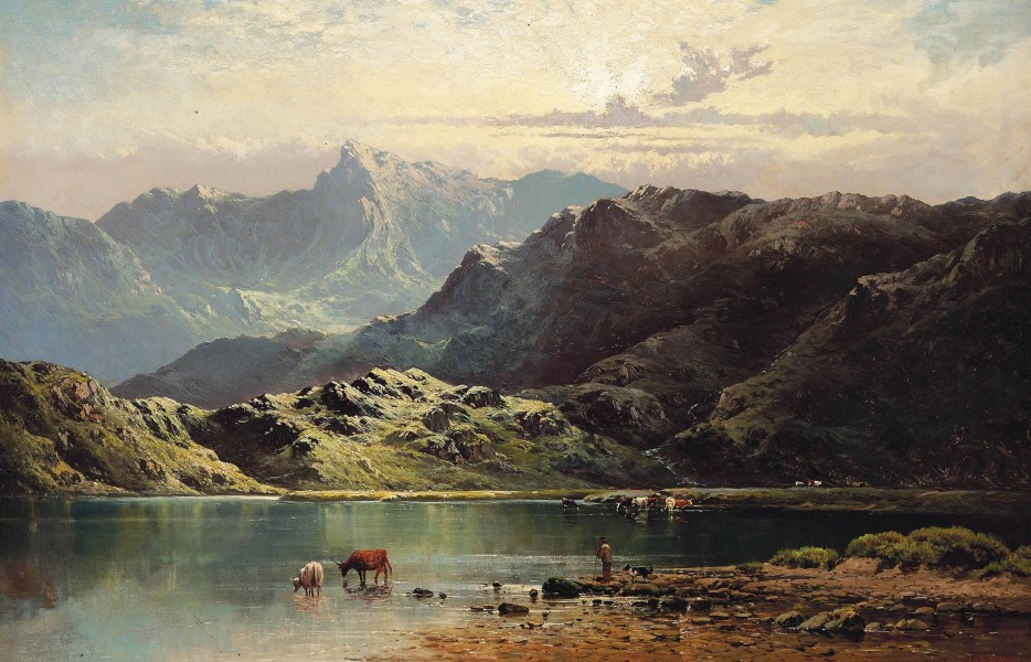 Alfred de Bréanski Snr. - Cattle watering at the edge of a loch, late afternoon