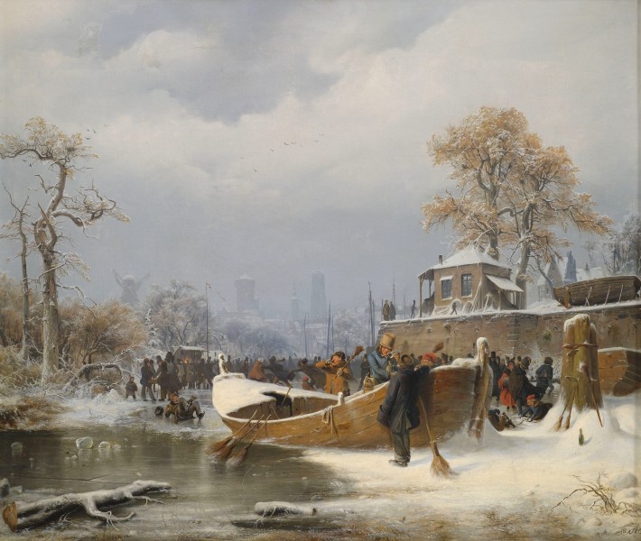 Andreas Achenbach (attr.) - Winterliche Bootsanlegestelle (1838)