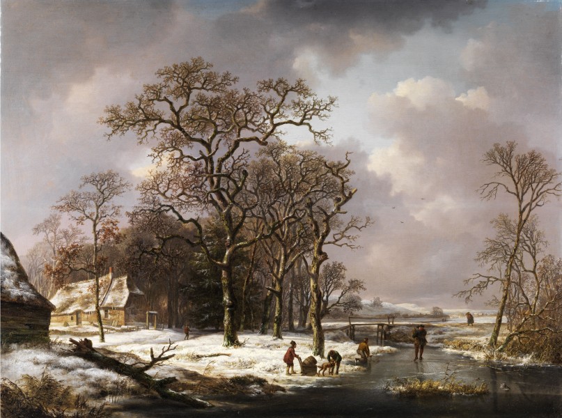 Andreas Schelfhout - Winter landschap met knoestige eiken