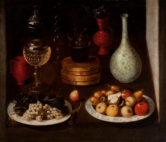 Anonymous Madrid Painter - Fruit Bowl with Plates of Grapes and Pears, glass and clay Vessels - Google Art Project