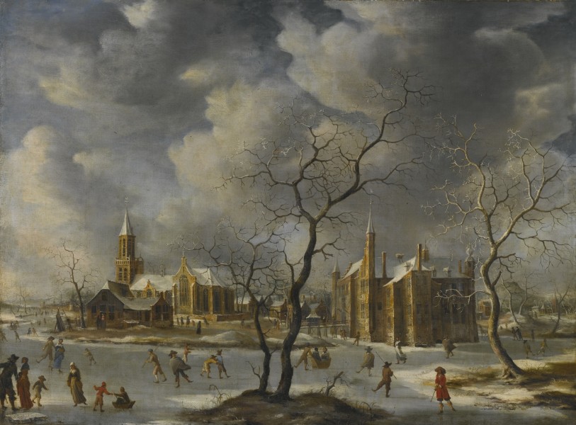 Anthonie Beerstraten Winter Landscape with Skaters On a Frozen Lake