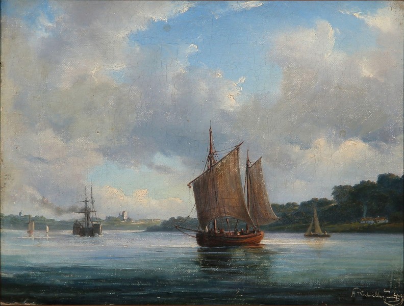 Anton Melbye - Fjord scene med fiskerbåde og en hjuldamper (1849)