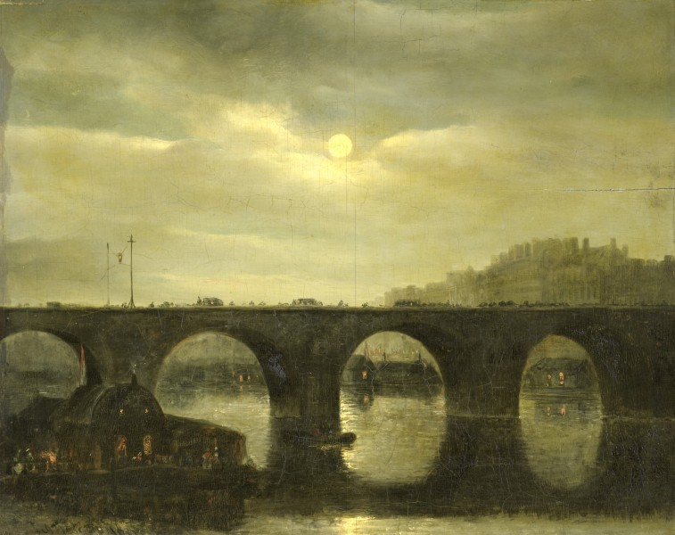 Antonie Waldorp - Gezicht op een Seinebrug te Parijs bij maanlicht
