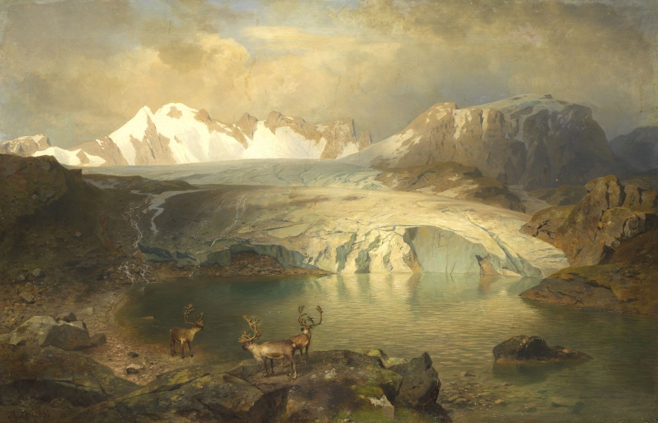 August Wilhelm Leu - Fjordlandschaft mit Gletscher und Rentieren (1896)