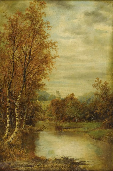 Autumn Landscape With Pond And Castle Tower-Alfred Glendening-1869