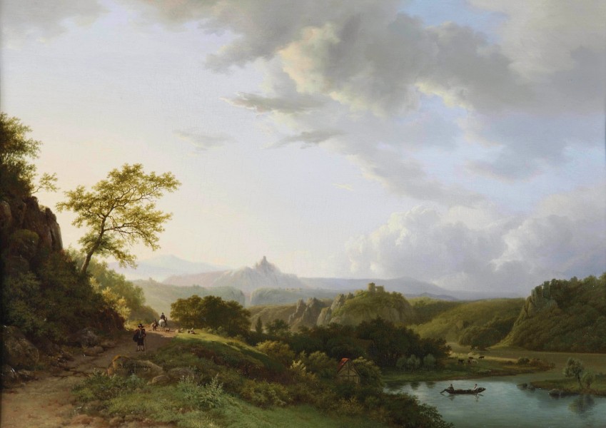 Barend Cornelis Koekkoek - Een panoramische zomer landschap met reizigers en een kasteelruïne in de verte