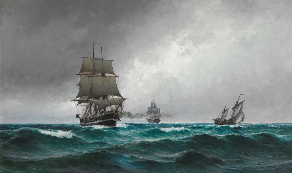 Carl Locher - Stille aften i Nordsøen med fregatten Jylland (1876)