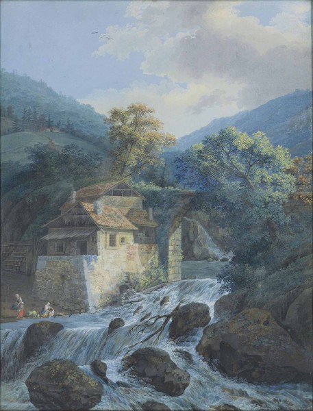 Carl Ludwig Hackert - A waterfall with a mill and a bridge (1785)