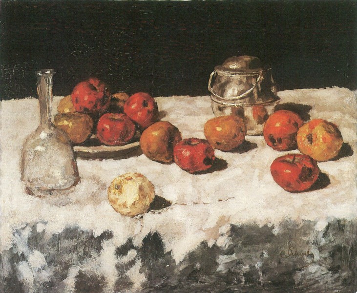Carl Schuch - Äpfel auf Weiß; mit Wasserkaraffe und Blechdose