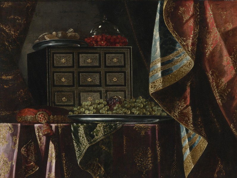 Carlo Manieri (Attr.) - Still Life of a Chest, Fruit and Other Objects on a Brocade Draped Table