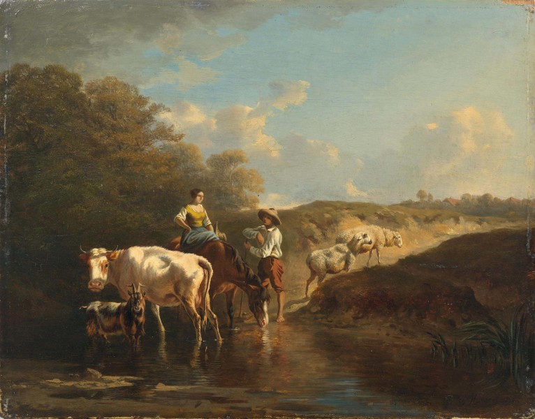 Charles Humbert - En couple berger avec les animaux à un point d'eau (1850)