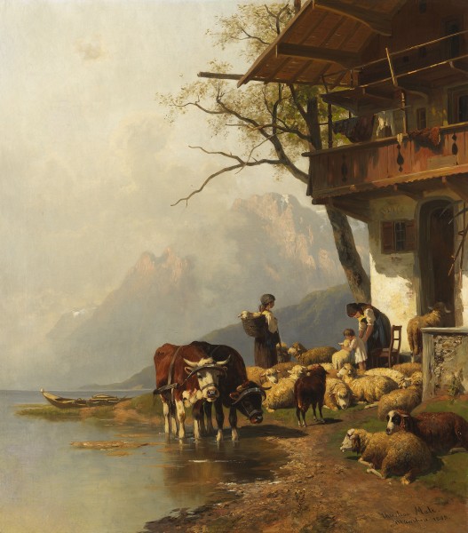 Christian Friedrich Mali - Ruhende Schafsherde vor dem Haus am Bergssee (1885)