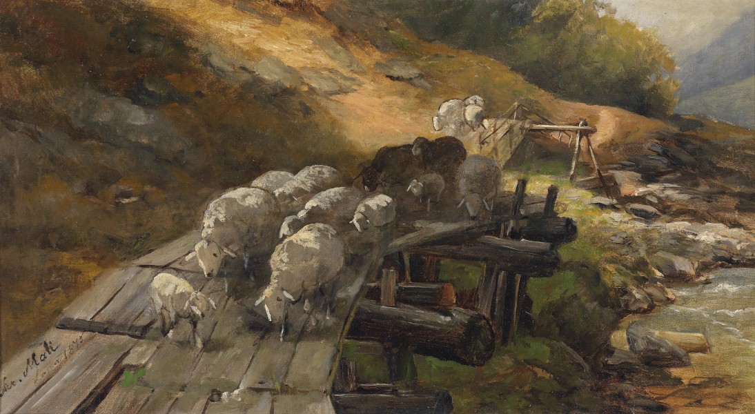 Christian Mali Schafe queren einen Fluß 1875