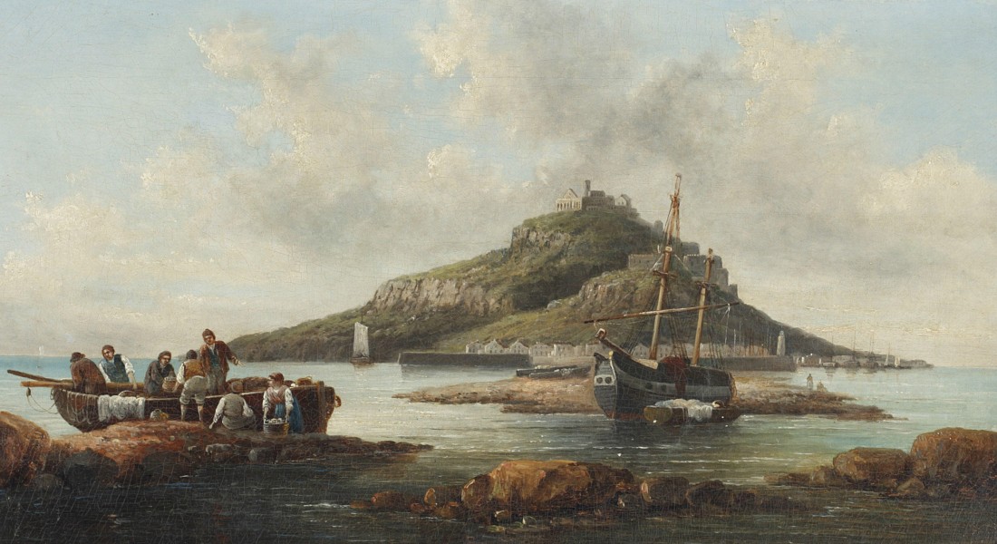 Circle of William Anslow Thornley - Coastal scene with islet and fishing folk; and another of fisherfolk on the shore (I)