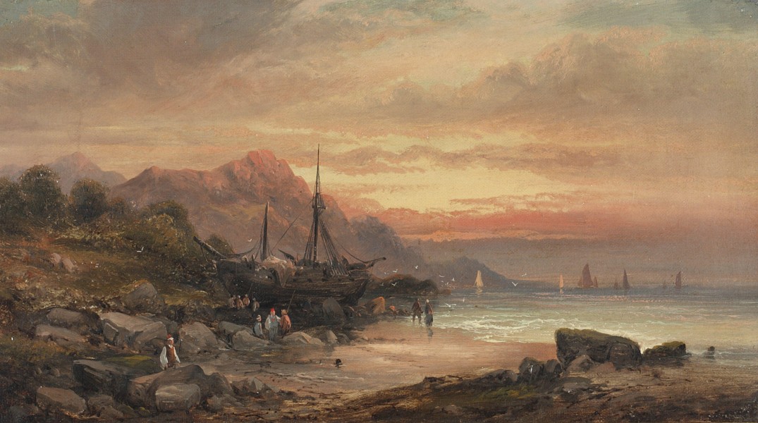 Circle of William Anslow Thornley - Coastal scene with islet and fishing folk; and another of fisherfolk on the shore (II)