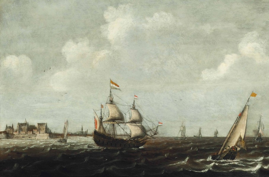 Claes Claesz. Wou - Dutch threemaster and other shipping in a choppy waters