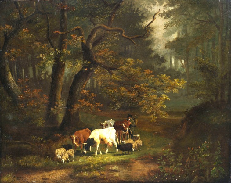 Cornelis Johannes de Vogel Waldinneres mit kleiner Herde