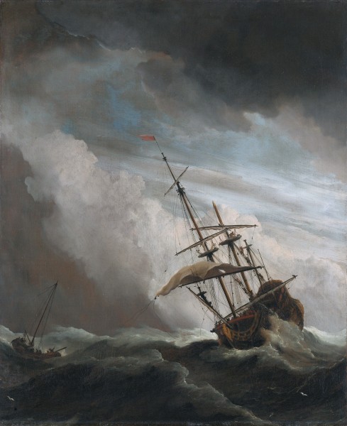 De Windstoot - A ship in need in a raging storm (Willem van de Velde II, 1707)