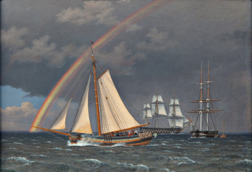 Eckersberg, CW - Regnbue på søen, en krydsende jagt med nogle andre skibe - 1836