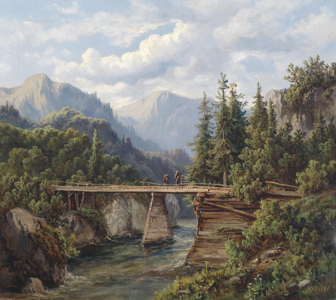 Edmund Höd Holzbrücke über einem Gebirgsbach 1861