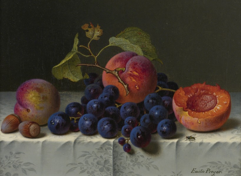 Emilie Preyer - Stillleben mit Pfirsichen, Trauben und Nüssen auf einem Tisch