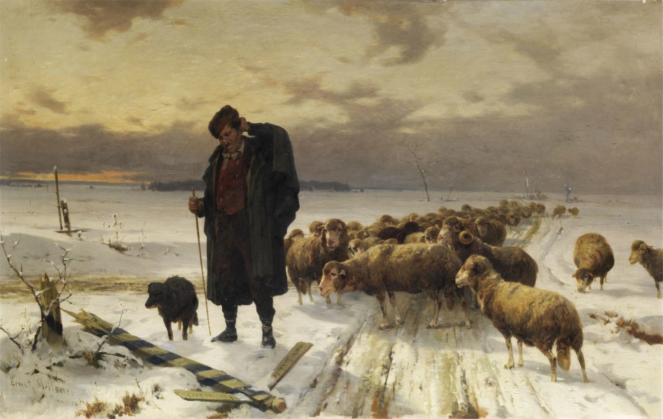 Ernst Adolf Meissner Schäfer mit Herde in Winterlandschaft