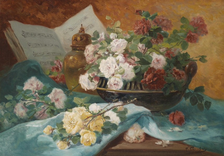 Eugene Henri Cauchois Stillleben mit Rosen in einer Schale