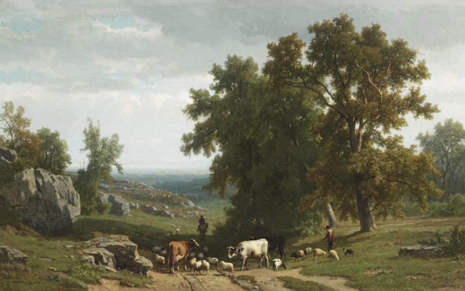 F. Keelhoff & E. Verboeckhoven - Cattle and figures in a landscape (1868)