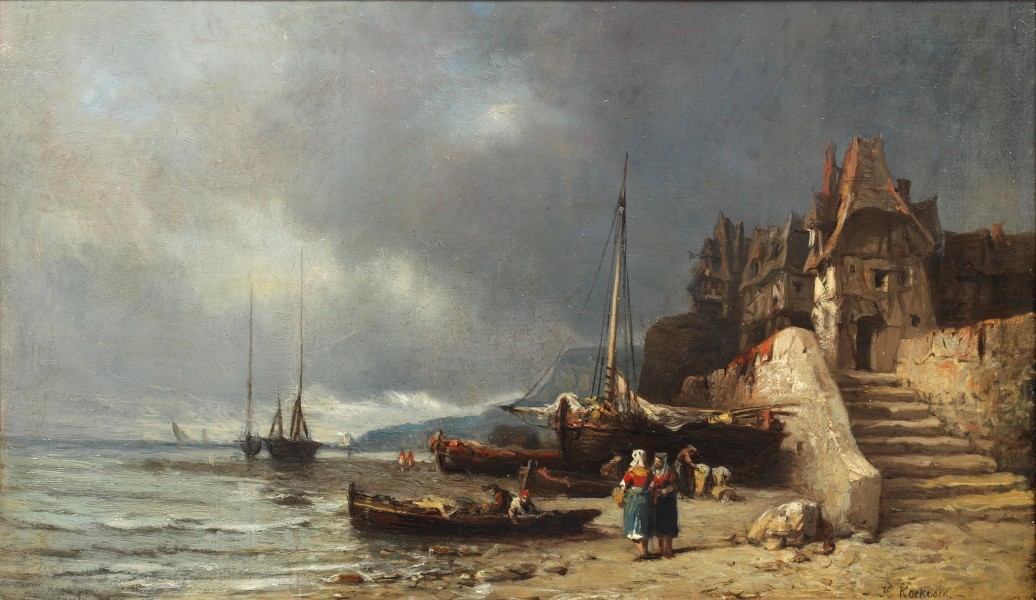 Follower of Hermanus Koekkoek (sr.) - Coastal scene with figures under stormy skies