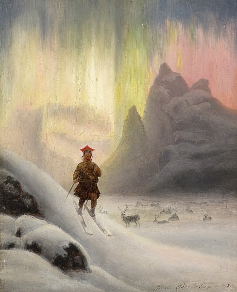 Frants Bøe - Sami on skis in northern lights, 1885