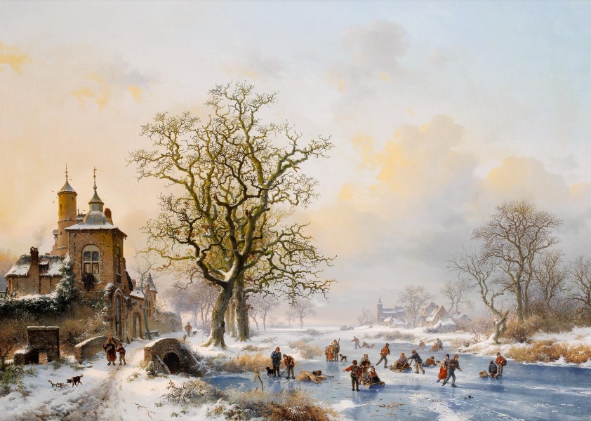 Frederik Marinus Kruseman - Winterlandschap met schaatsers bij een kasteel