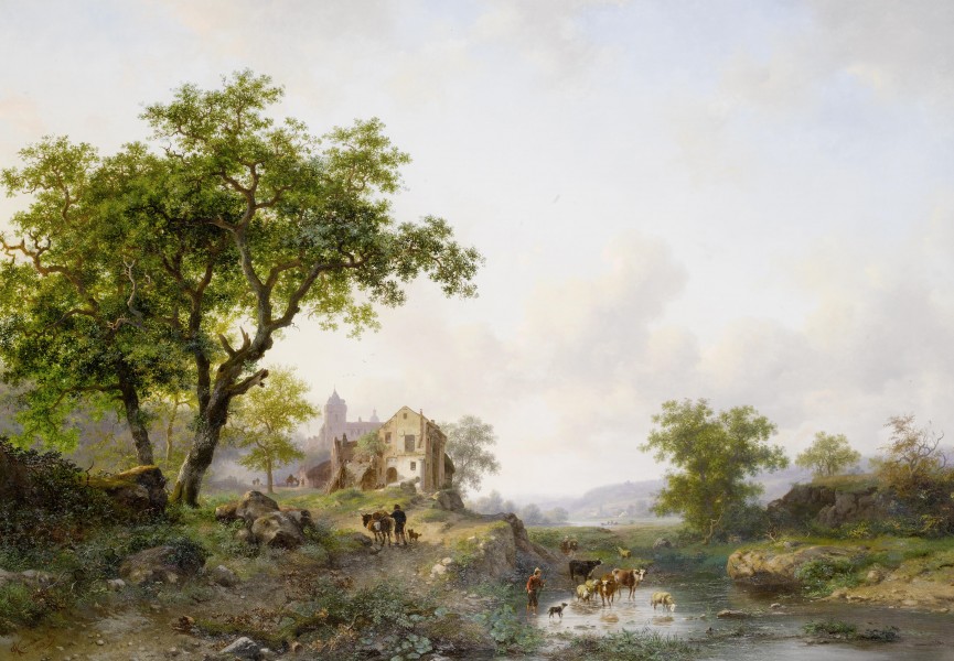 Frederik Marinus Kruseman - Zomer landschap met vee in de buurt van een rivier