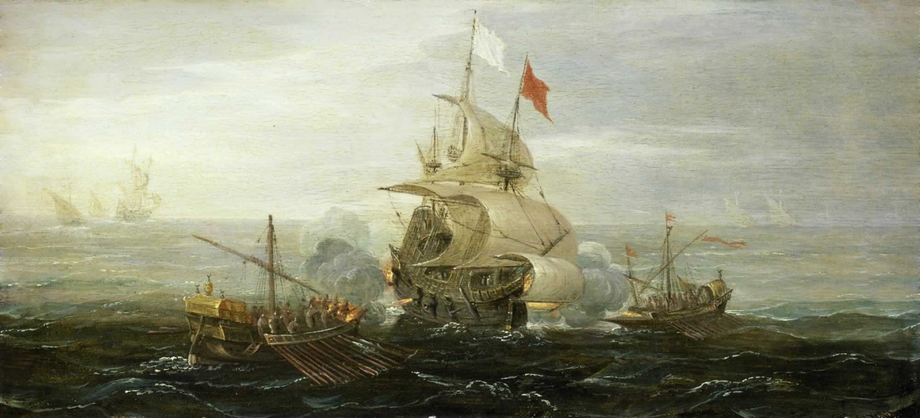 French ship under atack by barbary pirates