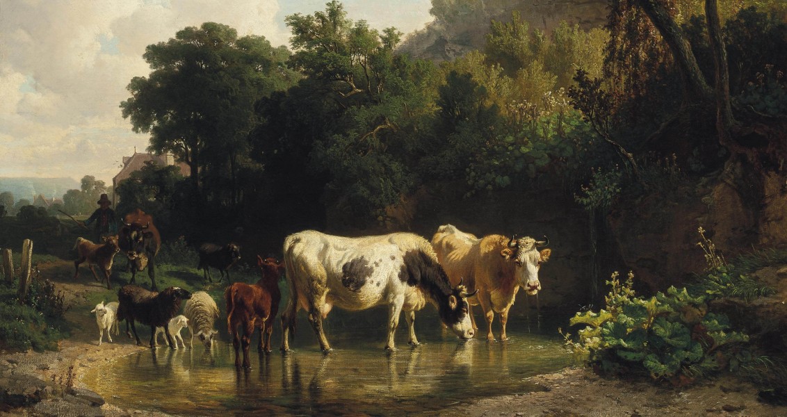Friedrich Voltz - Tränken des Viehs am Bach (1857)