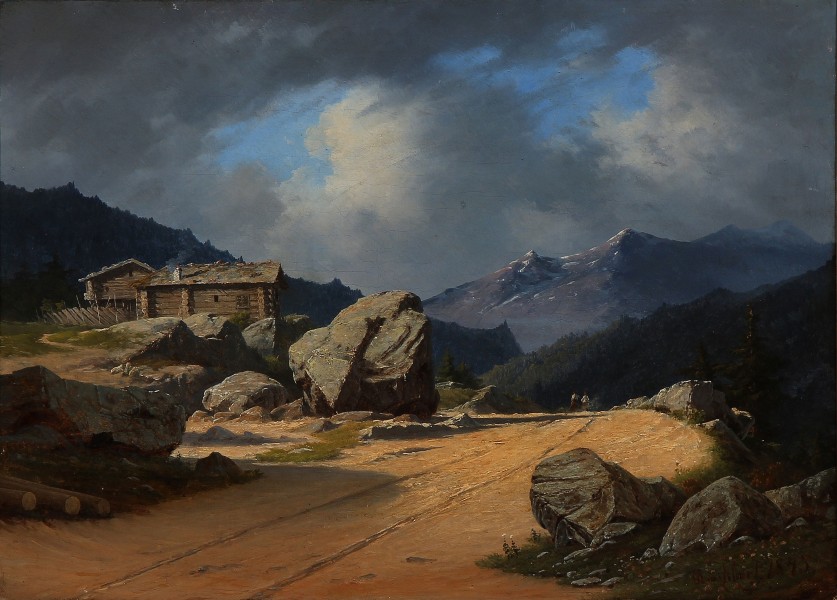 Georg Emil Libert - Vej i de norske fjelde med to bortridende ryttere (1845)