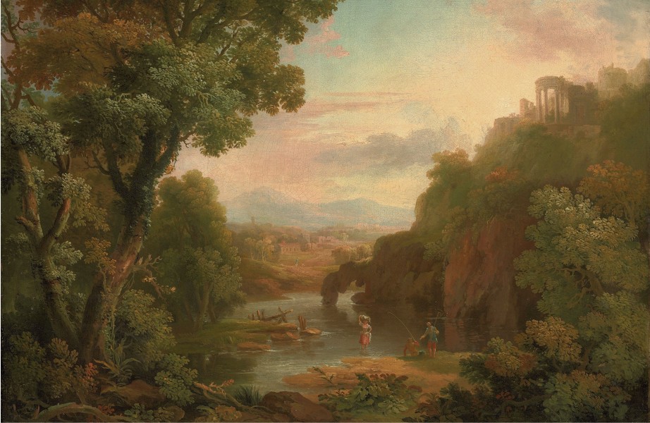 George Barret - A classical landscape with fishermen and a washerwoman, a hilltop villa and mountains beyond