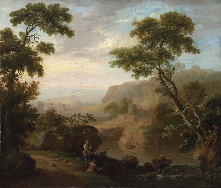 George Barret - An Italianate river landscape with ruins, anglers on a bank