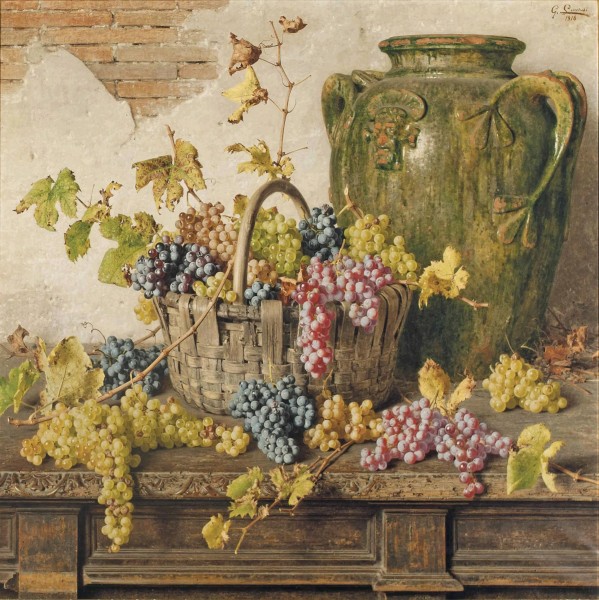Giorgio Lucchesi - A basket of grapes by an amphor on a wooden table, 1916