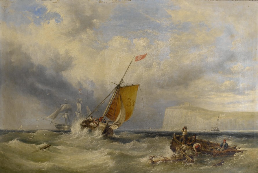 Henry King Taylor - Pilot cutter no. 3 heading back inshore, with a large merchantman hove-to out in the bay