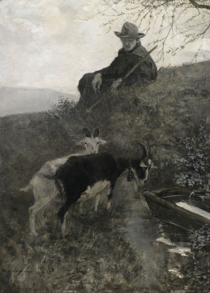 Hermann Pleuer Ziegenhirte mit Tieren an einer Tränke