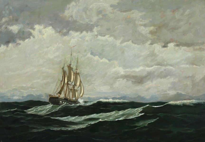 I. E. C. Rasmussen - Seascape with warship in high seas