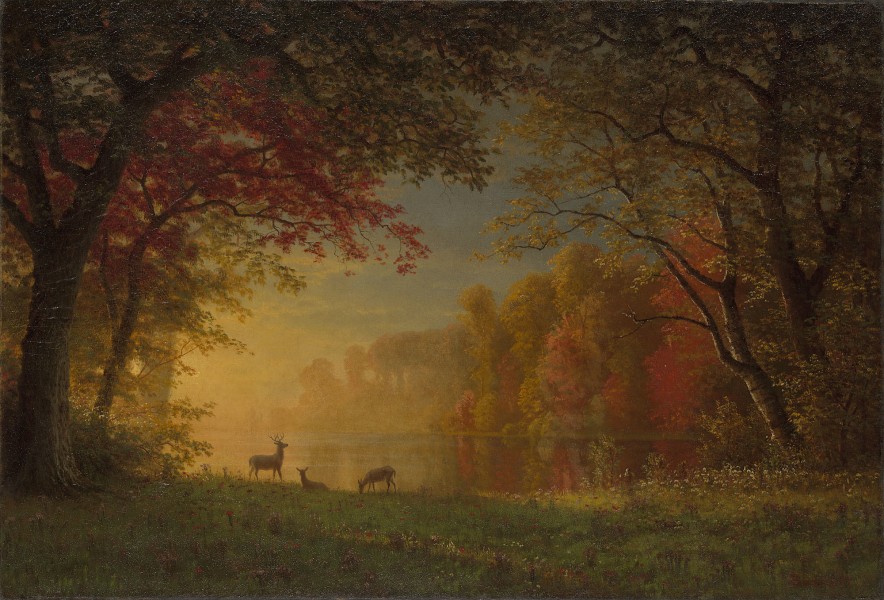 Indian Sunset Deer by a Lake by Albert Bierstadt